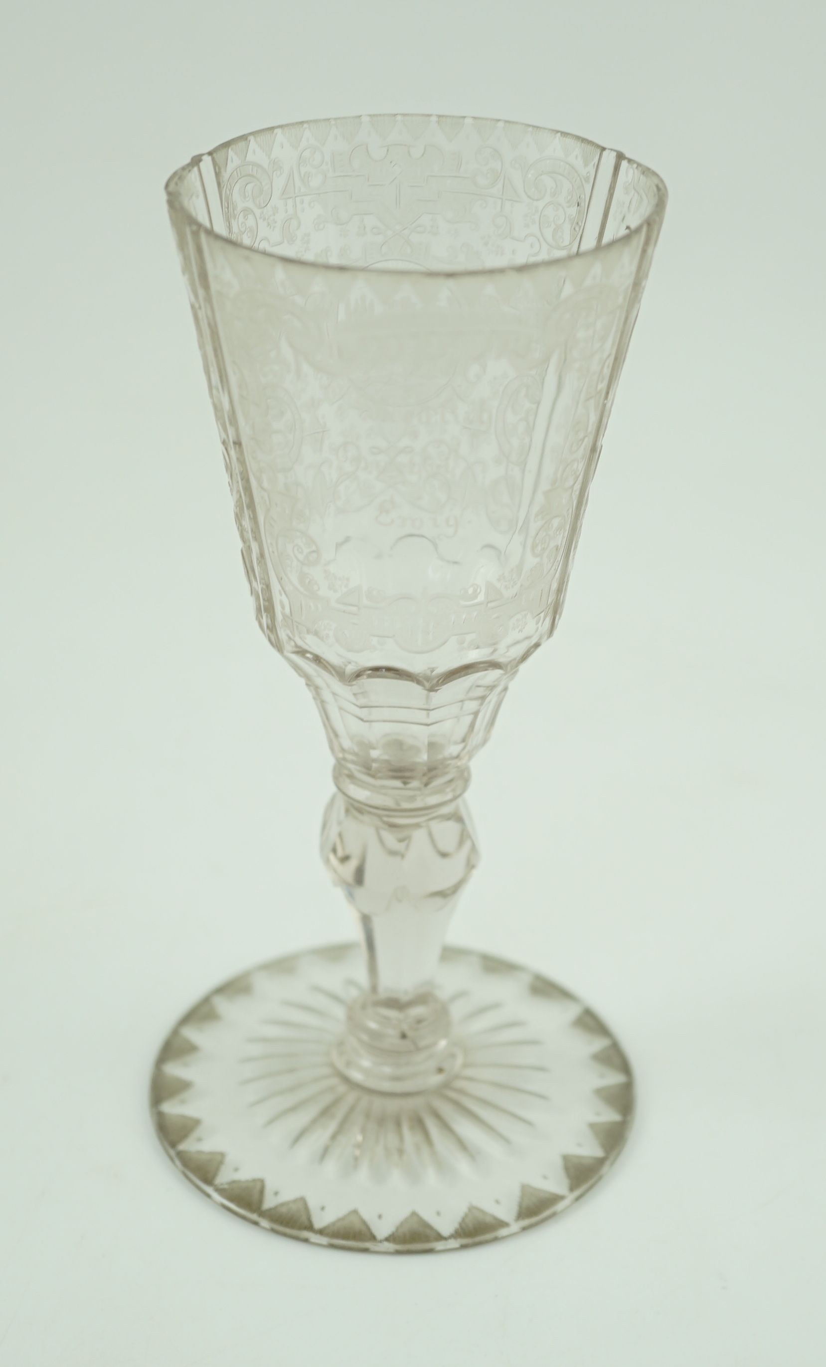 A Silesian wheel engraved glass goblet, c.1760, possibly made in Szklarska Poreba, 16.7cm high